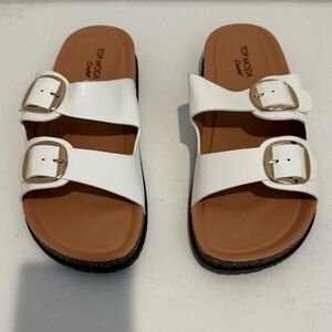 TOP MODA Comfort Luca White Sandals Double Strap Slide Sandals Gold Buckles 9